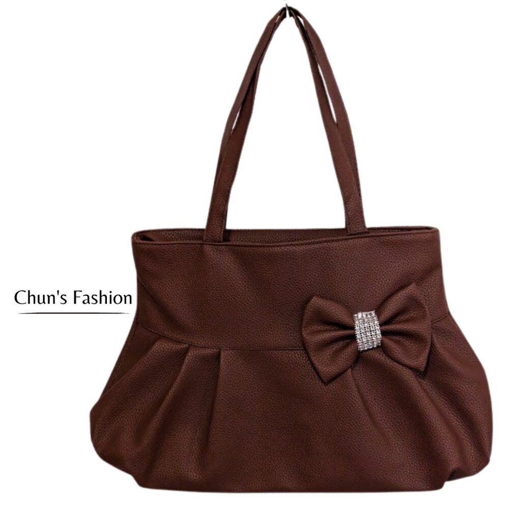 Women's Vegan Dark Brown Faux Leather Shoulder Bag w/ Bow & Bling SZ: Medium NWT